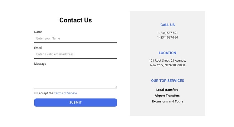 Contact form and contacts Homepage Design