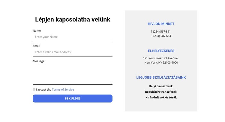 Kapcsolatfelvételi űrlap és elérhetőségek Weboldal sablon