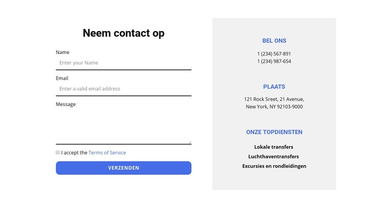 Contactformulier en contacten Sjabloon voor één pagina