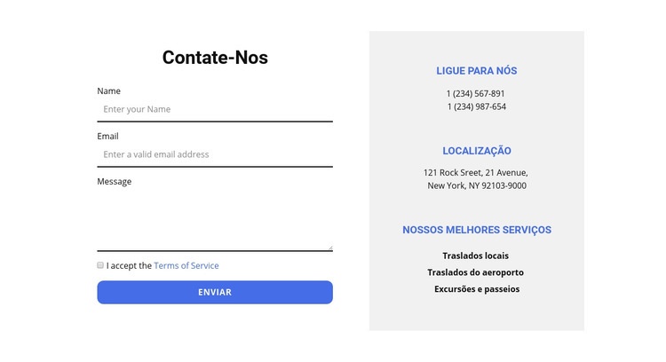 Formulário de contato e contatos Landing Page