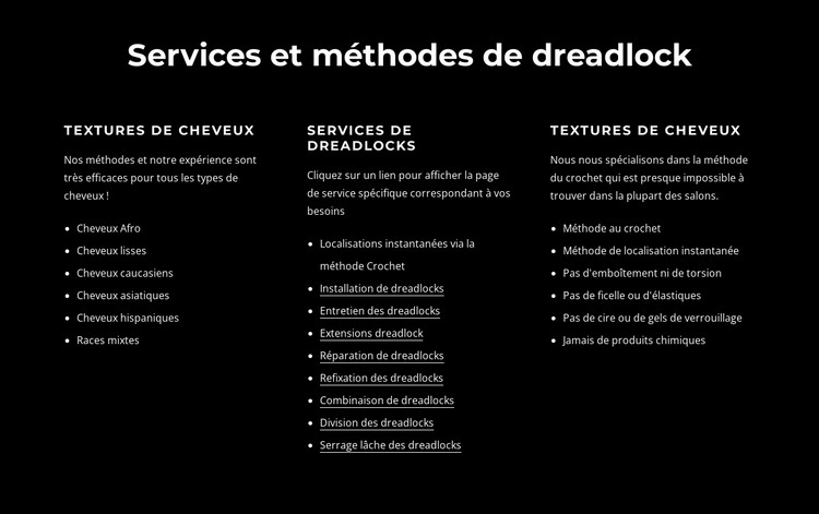 Services et méthodes de dreadlocks Maquette de site Web