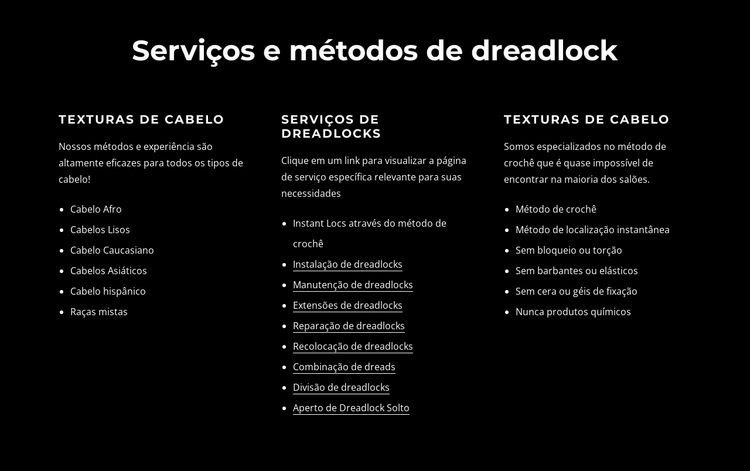 Serviços e métodos de dreadlocks Maquete do site
