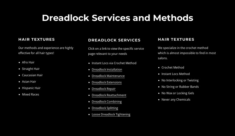 Dreadlocks tjänster och metoder Html webbplatsbyggare