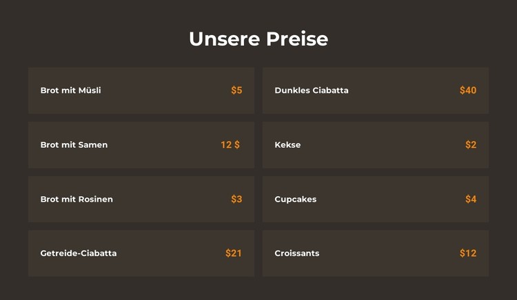 Preise für Bäckereien CSS-Vorlage