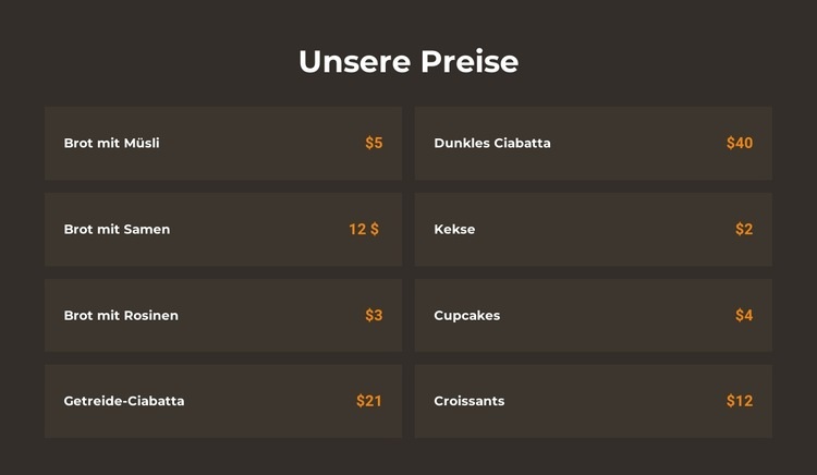 Preise für Bäckereien Landing Page