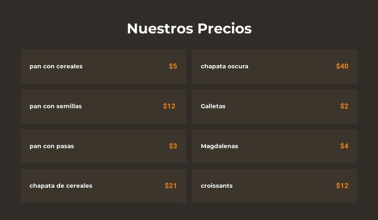 Precios de panadería Plantillas de creación de sitios web