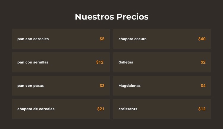 Precios de panadería Diseño de páginas web