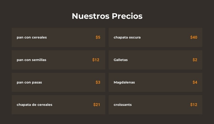 Precios de panadería Maqueta de sitio web