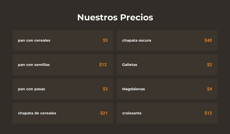 Precios de panadería Página de destino