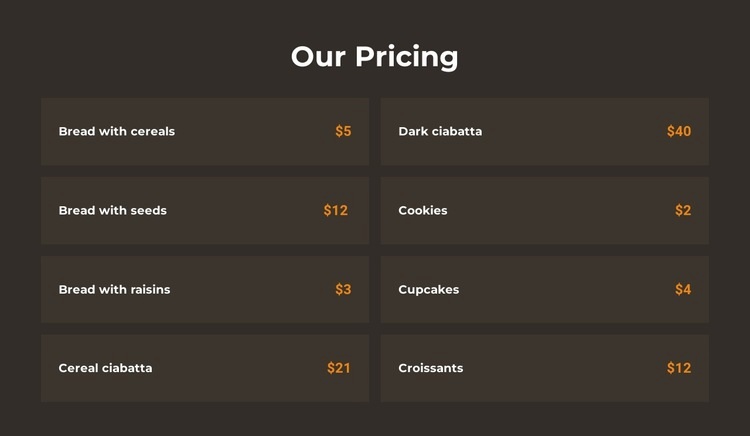 Bakery pricing Html Code Example