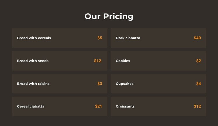 Bakery pricing Html Website Builder