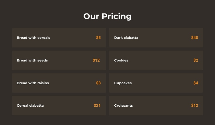 Bakery pricing One Page Template