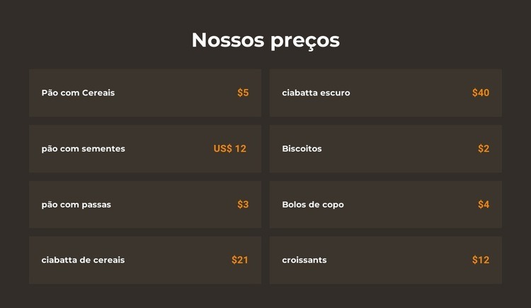 Preços de padaria Maquete do site