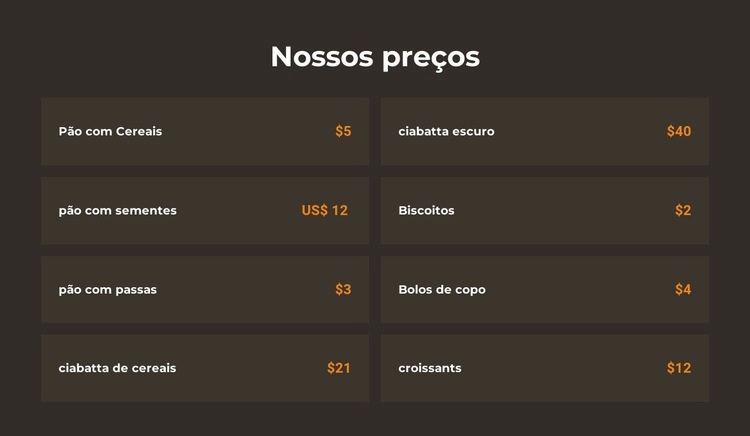 Preços de padaria Modelo HTML5