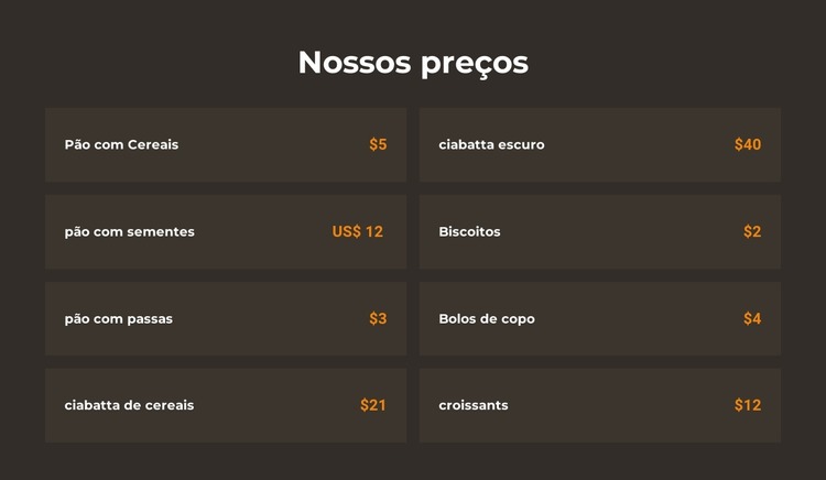 Preços de padaria Template Joomla