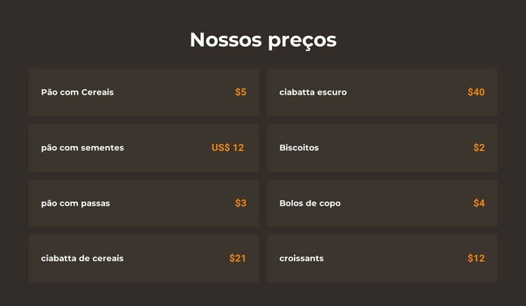 Preços de padaria Tema WordPress