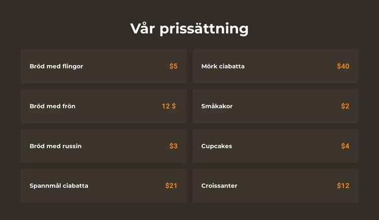 Bageri prissättning Webbplats mall