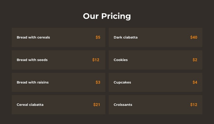 Bakery pricing Web Design