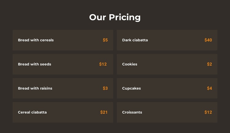 Bakery pricing Landing Page
