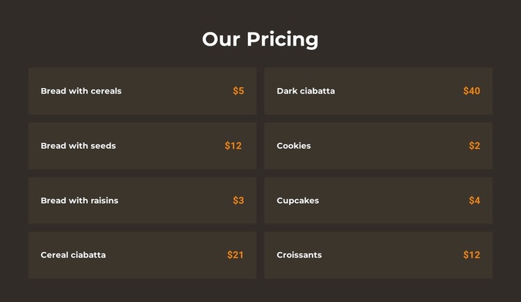 Bakery pricing WordPress Website Builder