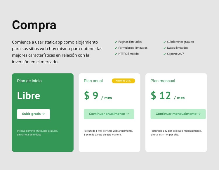 Opciones de precios Plantilla CSS