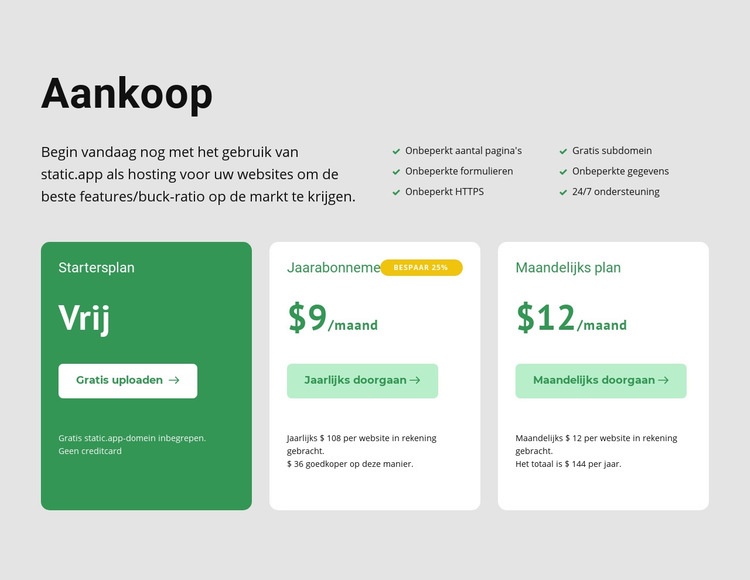 Prijsopties Website ontwerp