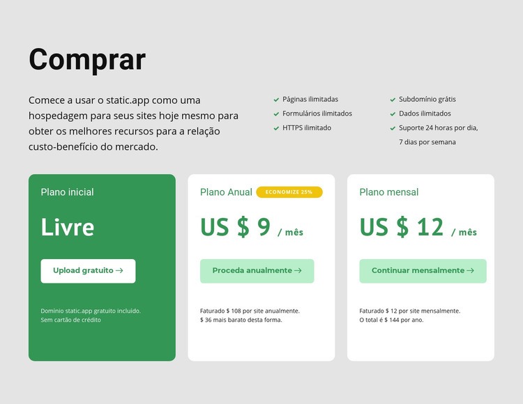 Opções de preços Landing Page