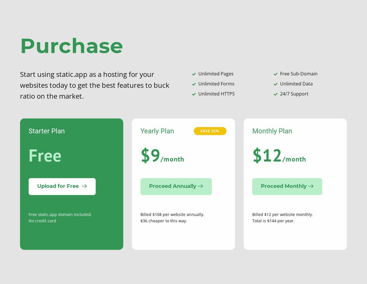 Pricing options Website Mockup