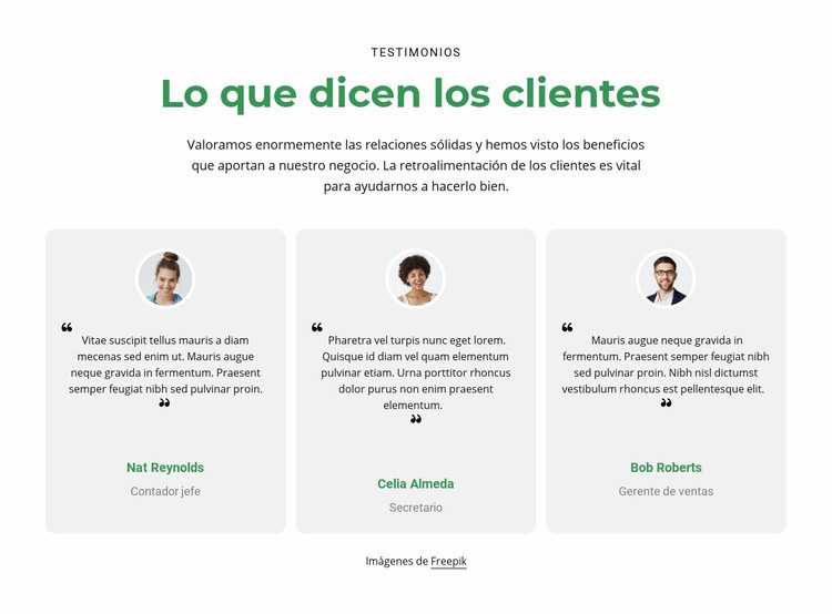 3 columnas con testimonios Creador de sitios web HTML