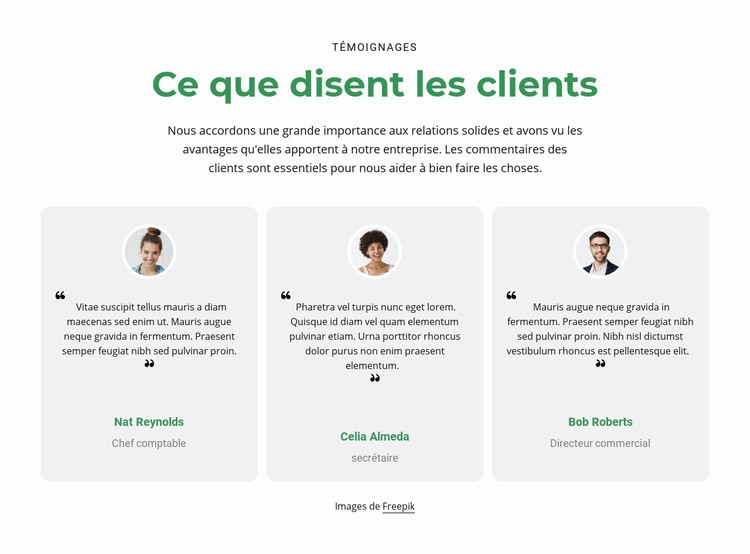3 colonnes avec des témoignages Conception de site Web
