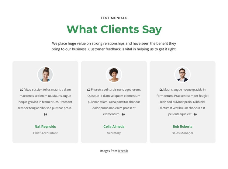 3 columns with testimonials Homepage Design