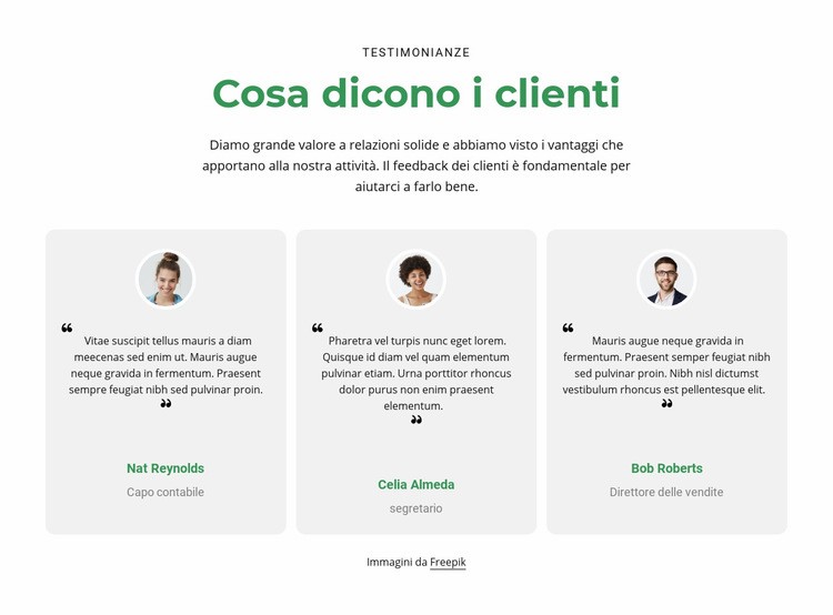 3 colonne con testimonianze Costruttore di siti web HTML