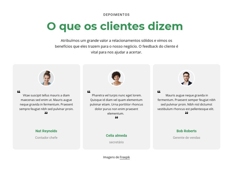 3 colunas com depoimentos Construtor de sites HTML