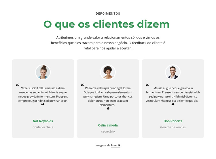 3 colunas com depoimentos Tema WordPress