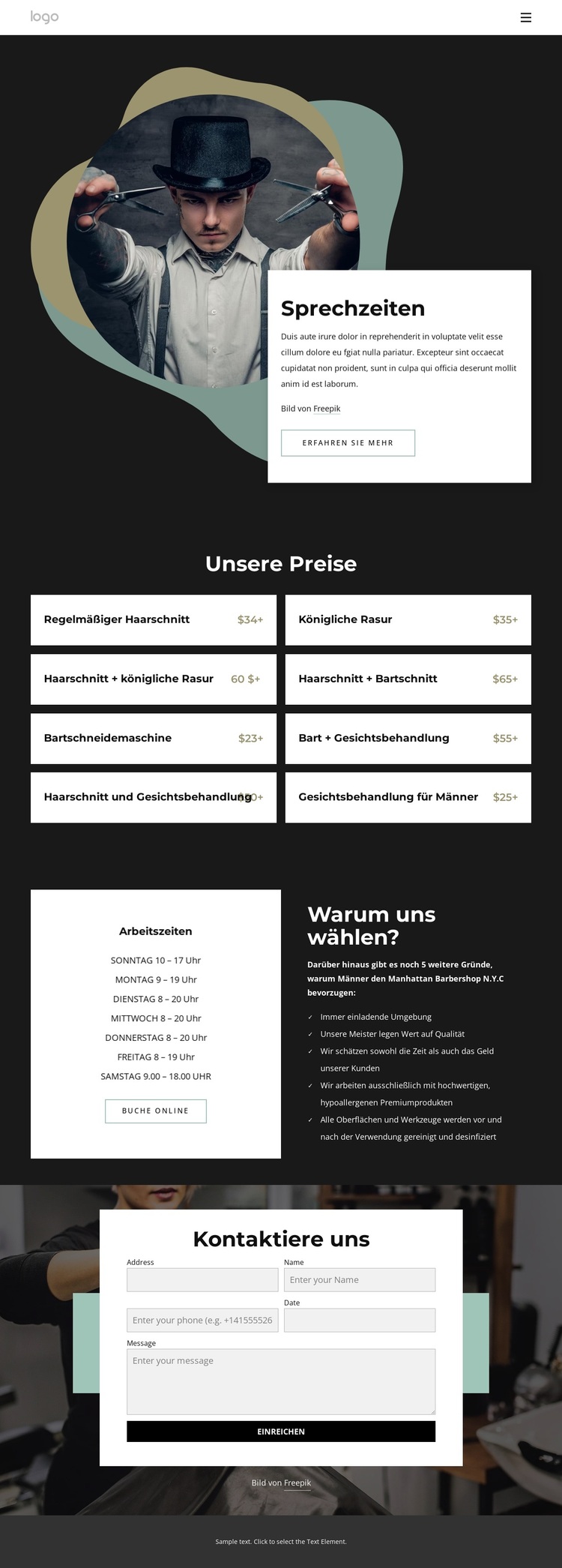 Kontakte und Öffnungszeiten des Friseursalons WordPress-Theme