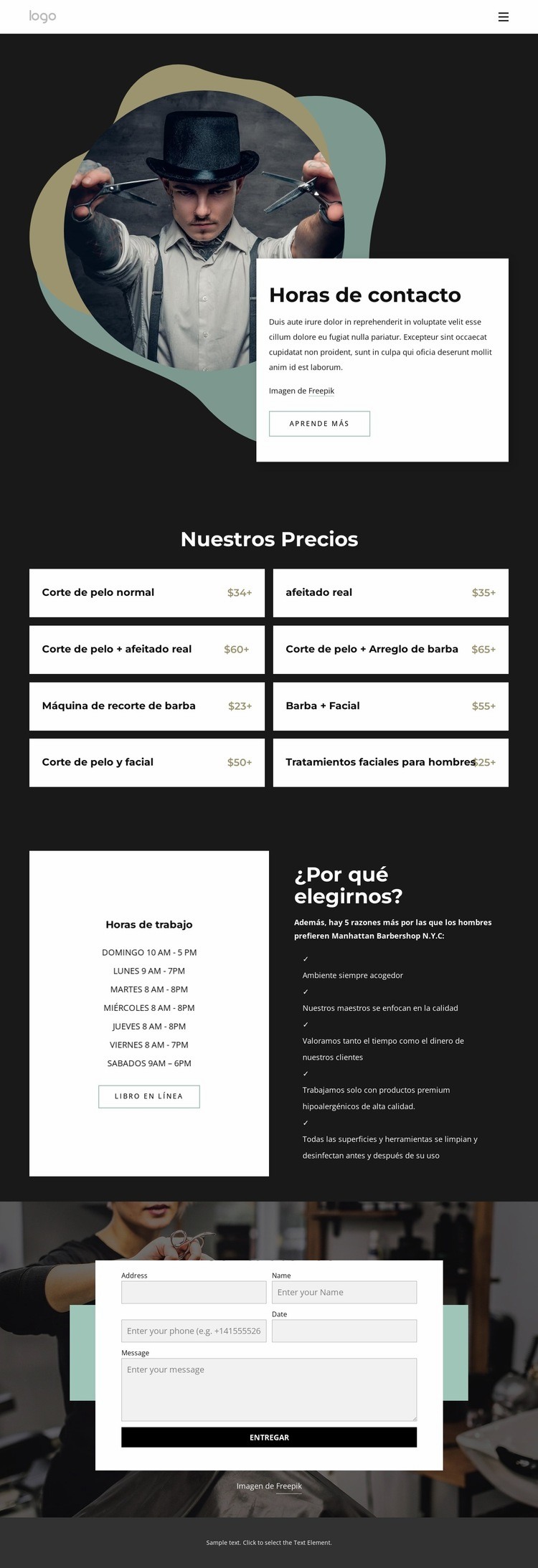 Contactos y horarios de la barbería Diseño de páginas web