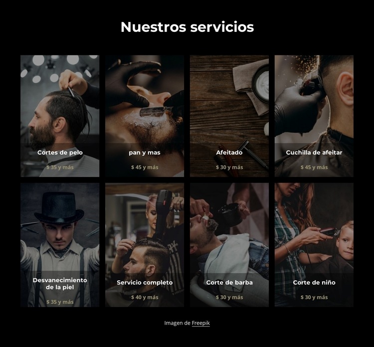 Servicios de corte de pelo, afeitado y recorte de barba. Plantilla de una página