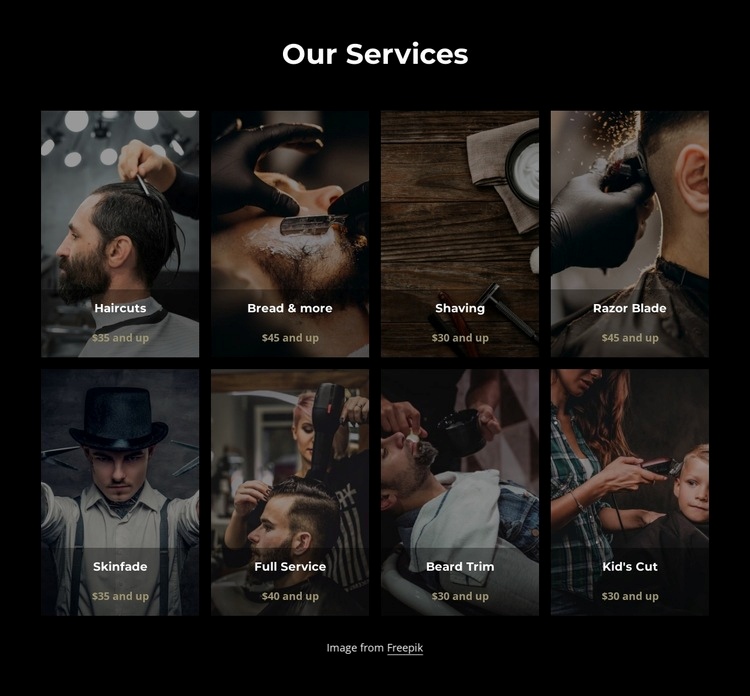 Haircuts, shaving and beard trimming services Homepage Design