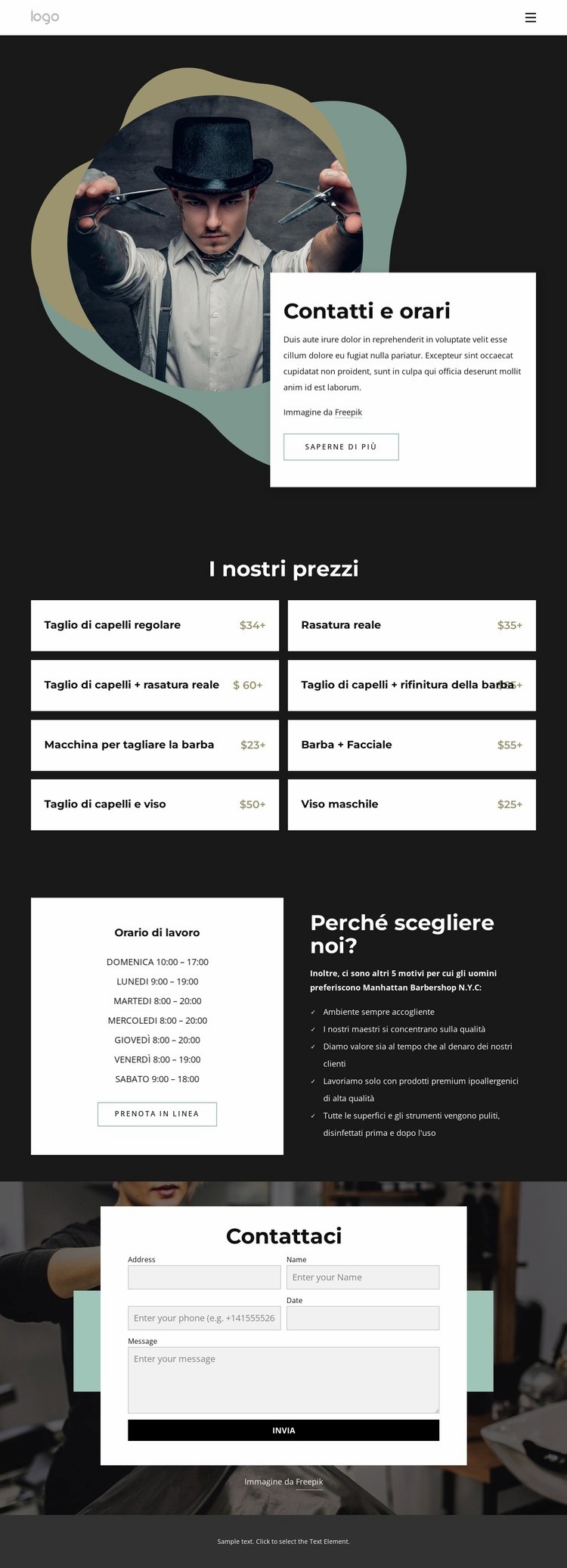 Contatti e orari barbiere Mockup del sito web