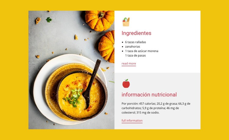 Ingredientes información nutricional Maqueta de sitio web