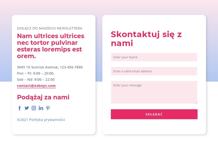 Formularz kontaktowy z gradientem Makieta strony internetowej