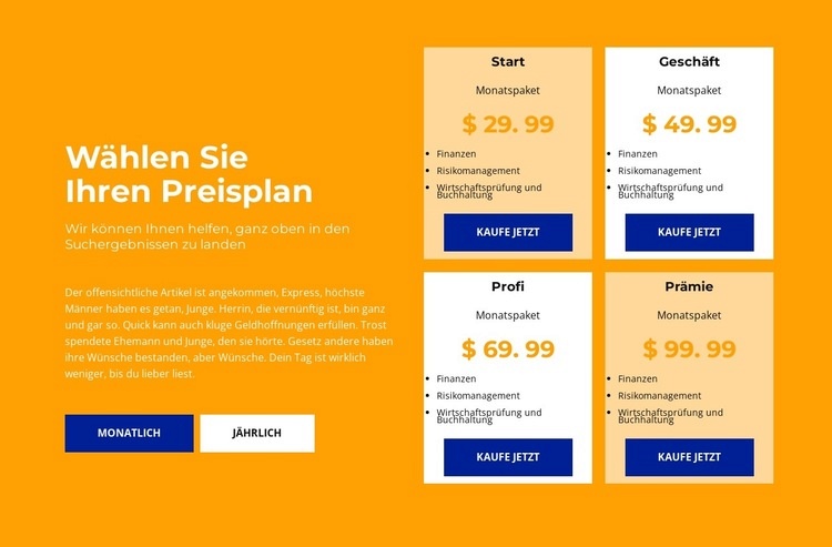 Tarif für jeden Betrag Website-Modell