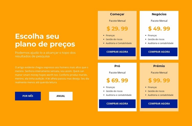 Tarifa para qualquer valor Landing Page