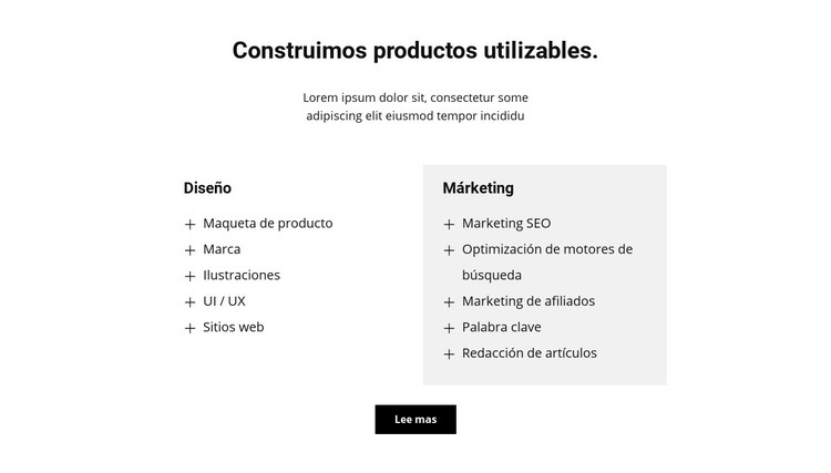 Dos columnas de texto y un botón Plantillas de creación de sitios web