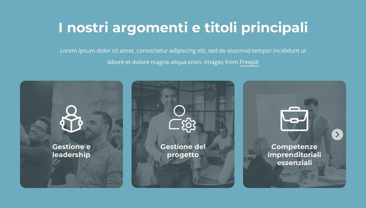 I nostri argomenti e titoli principali Mockup del sito web