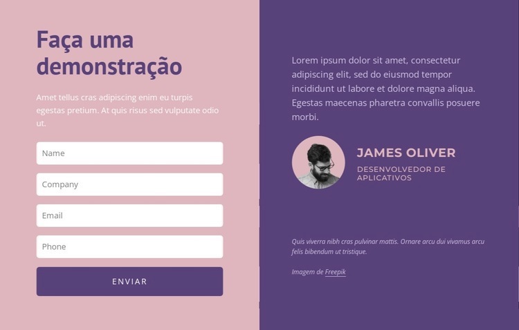 Formulário de contato com texto Design do site