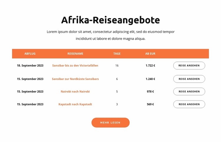 Reiseangebote für Afrika Eine Seitenvorlage