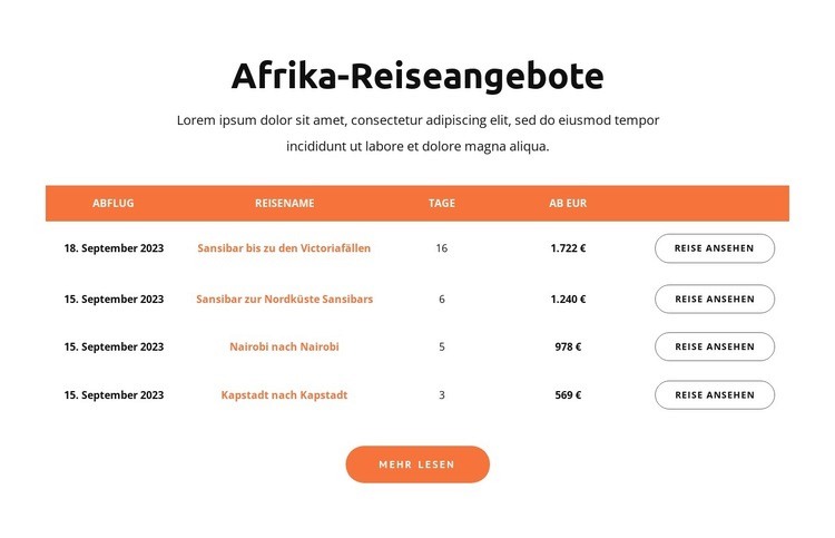 Reiseangebote für Afrika Website design