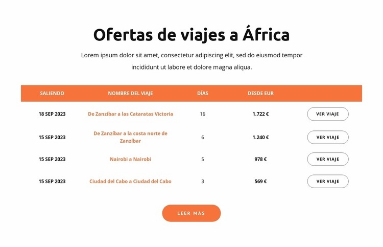 Ofertas de viajes a África Creador de sitios web HTML