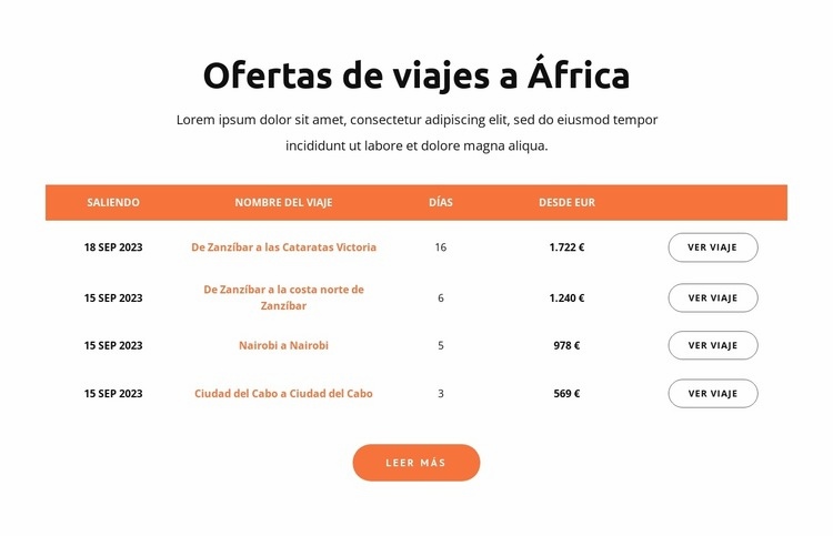 Ofertas de viajes a África Maqueta de sitio web